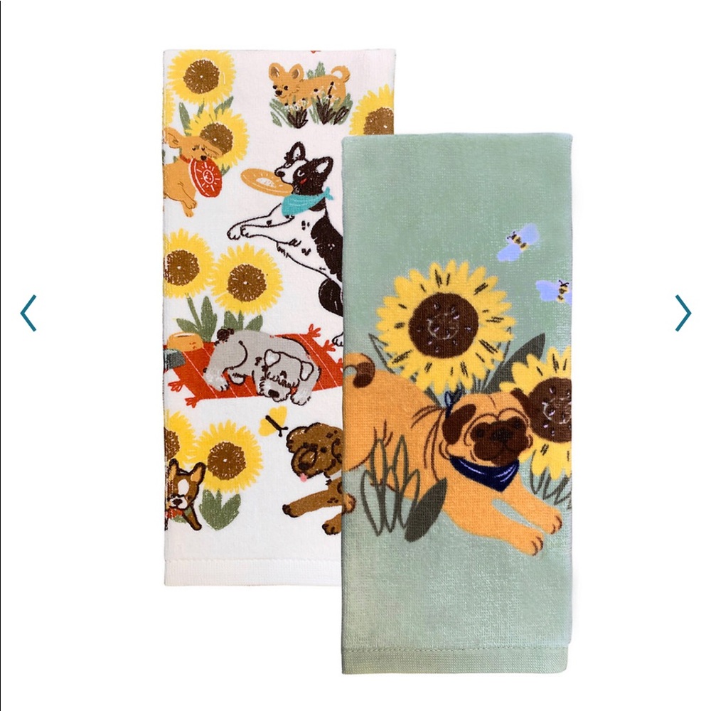 NEW Kitchen Towels Playful Dogs Sunflowers 2 Towels
